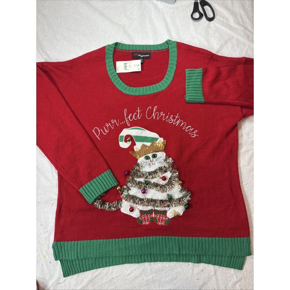 33 Degrees Ugly Purrfect Christmas Sweater Tinsel Bells Women  Cat Size XXL‎ NWT